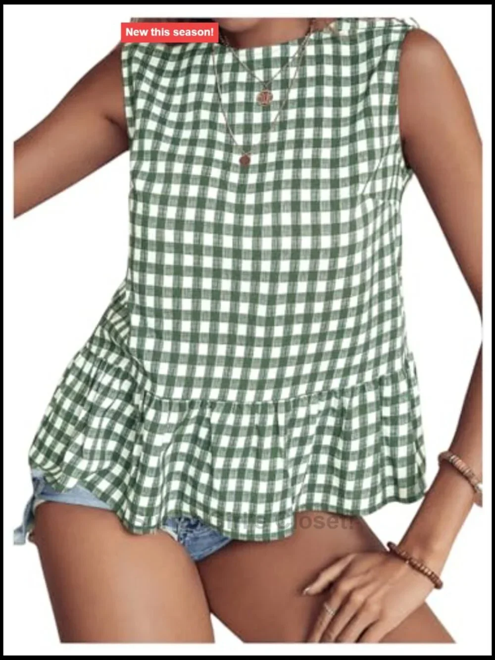 Womens Sleeveless Gingham Print Peplum Top Ruffle Hem Blouse